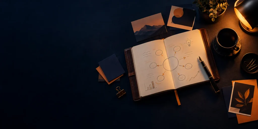 Notebook with a brand strategy mind map