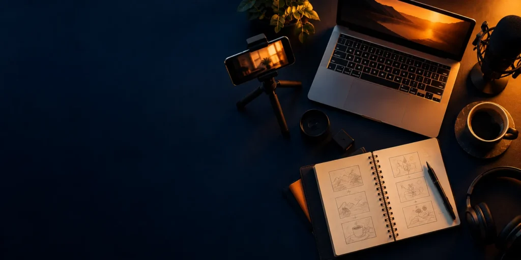 Content creation desk with laptop, phone on tripod and microphone