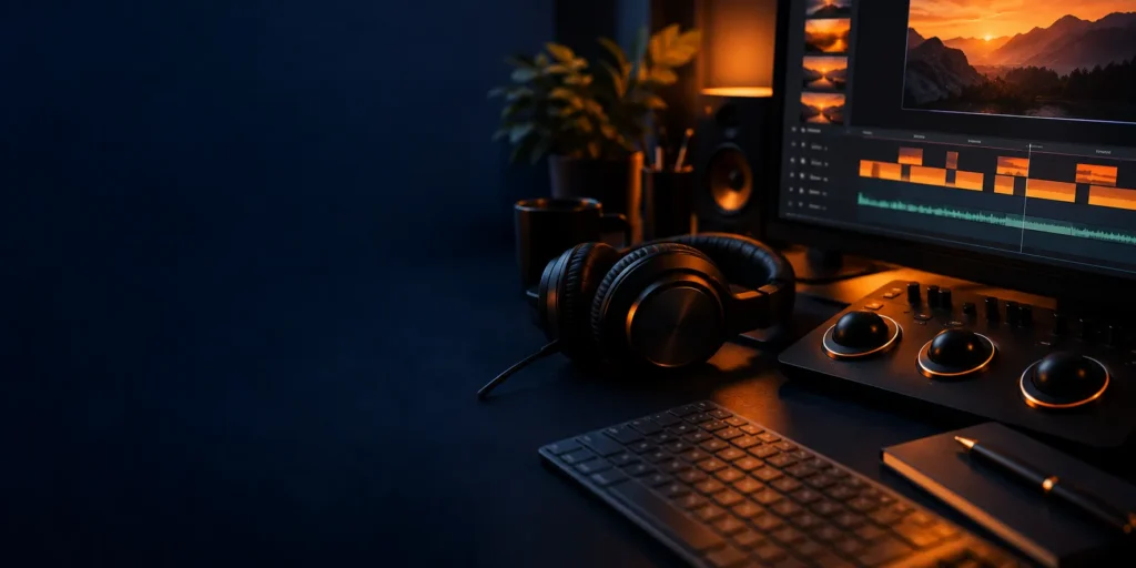 Video editing workspace with timeline, headphones and colour grading wheel