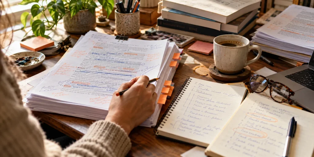 A manuscript being edited by hand with handwritten corrections and a chapter outline