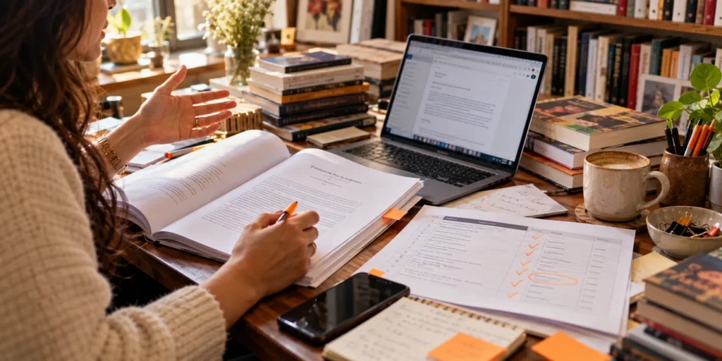 A book proposal open beside a laptop and a target publisher list ticked off in pen