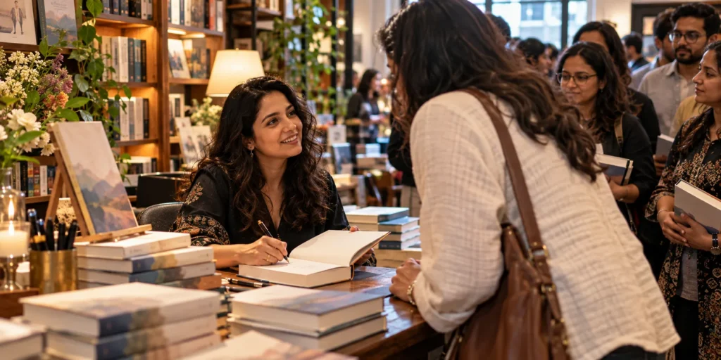 An author signing copies of a book for readers at a bookshop launch event
