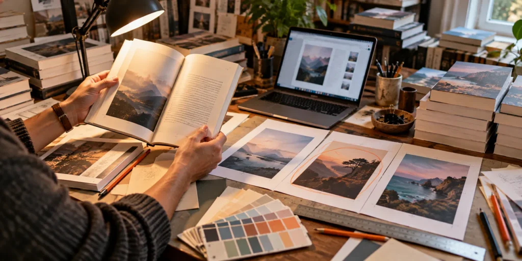 A printed proof copy being checked under a lamp beside cover proofs and colour swatches