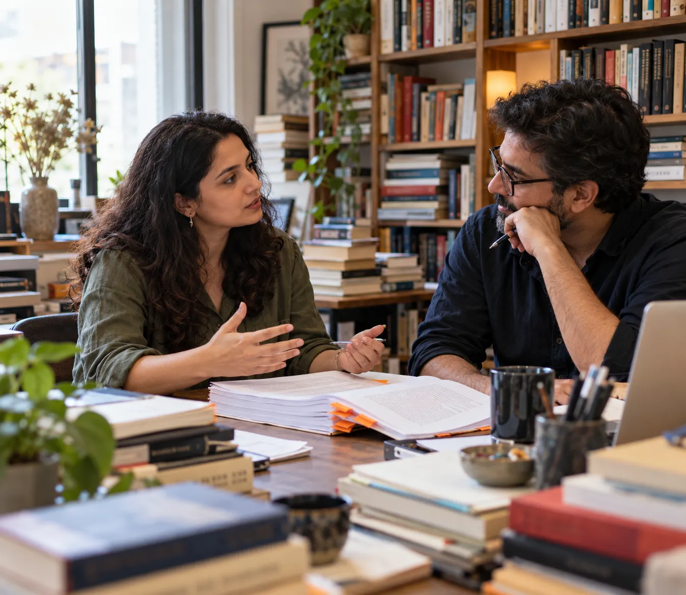 An author and an editor discussing a manuscript for book publishing in a book-lined office