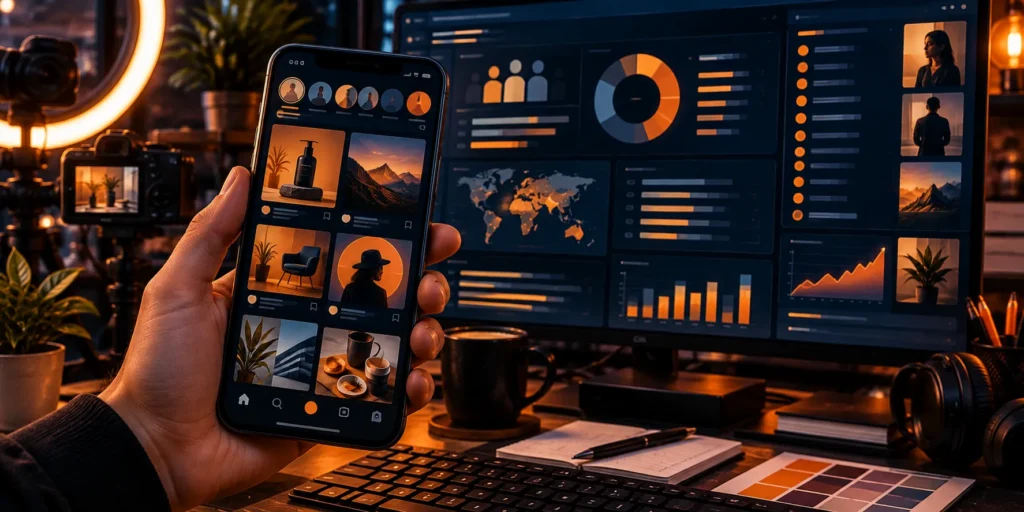 Phone showing a social feed of sponsored posts beside a screen of audience targeting metrics