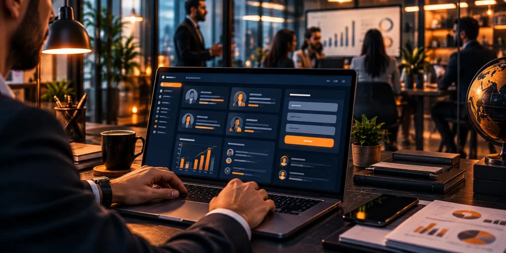 Professional at a laptop reviewing business profile cards and a lead capture form in an office