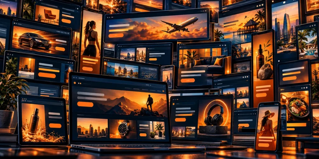 A dense wall of banner advertisements in assorted sizes across many device screens