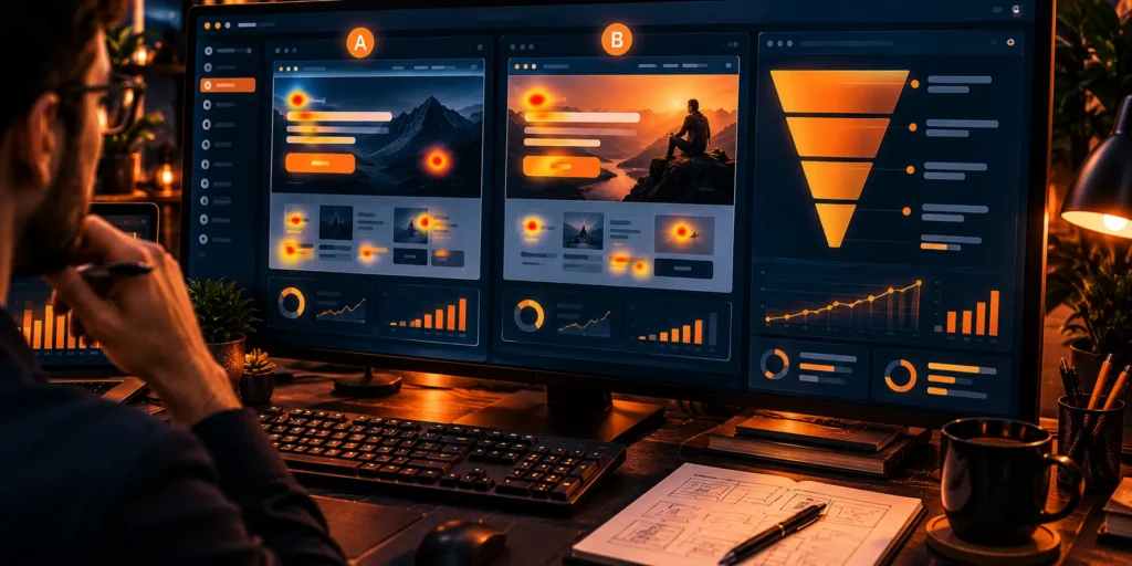 Split A/B landing page test with a click heatmap and a conversion funnel