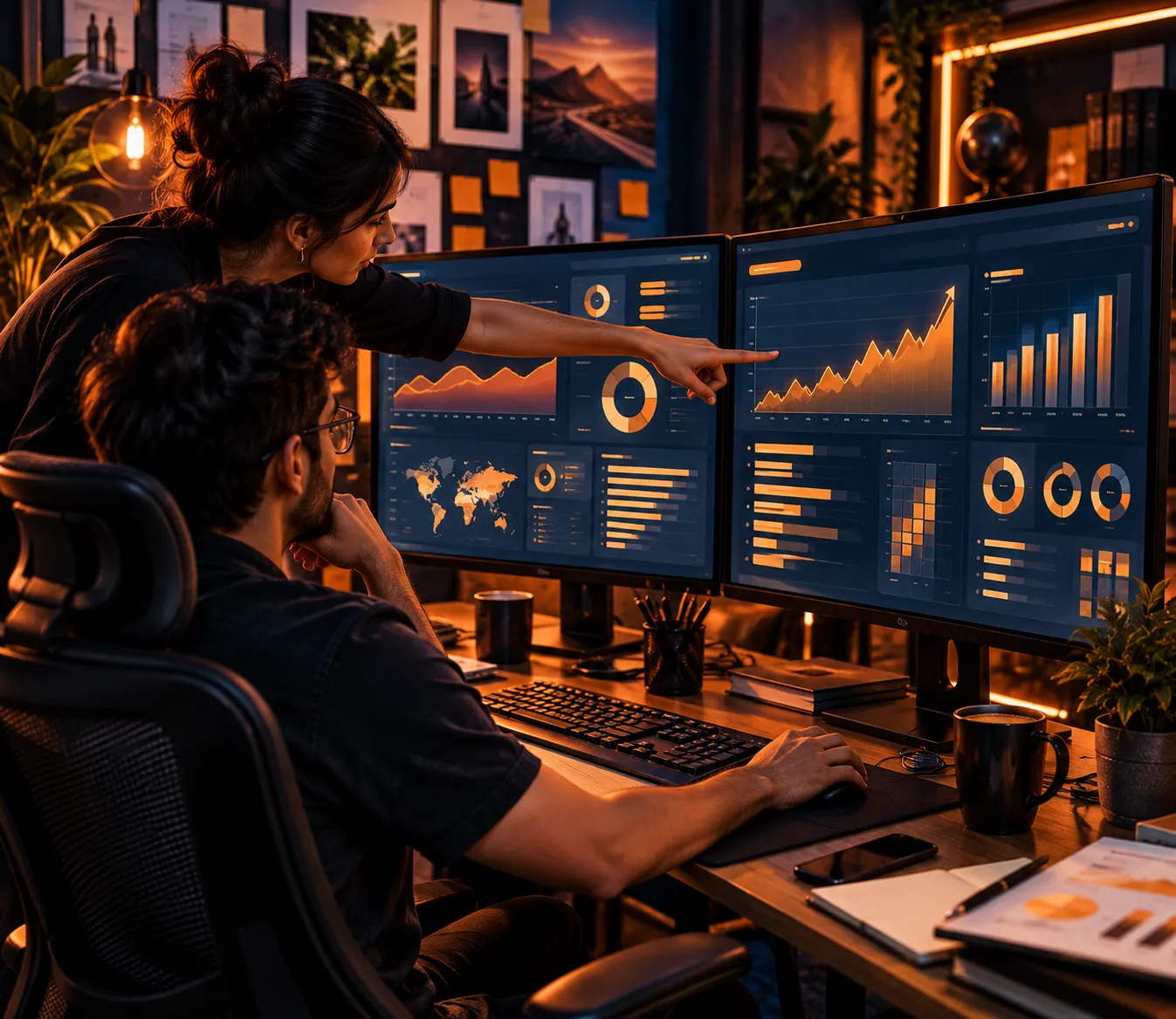 Two marketers reviewing paid ads campaign dashboards showing rising results