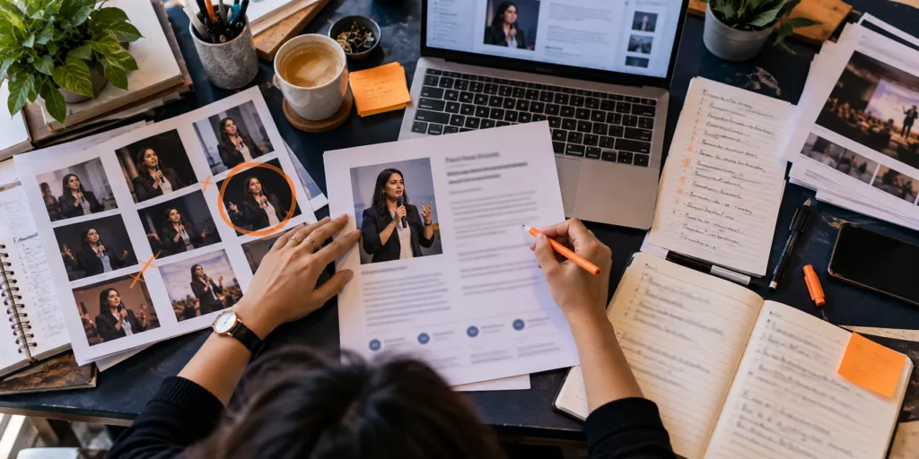 Speaker profile document being assembled with headshot proofs marked up on a desk