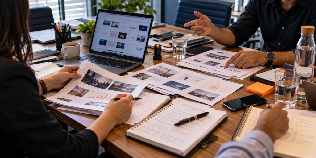 Printed pitch deck handouts spread across a boardroom table during a meeting