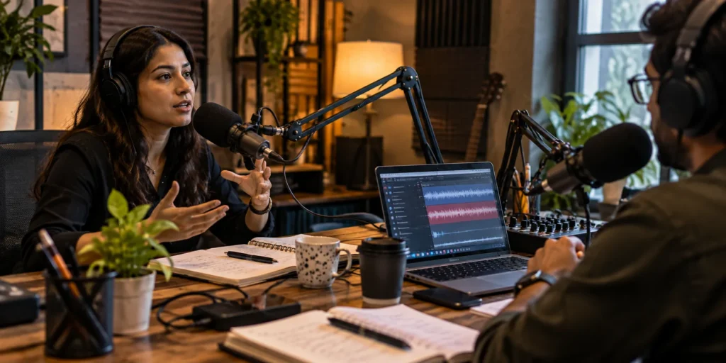 Guest speaking into a studio microphone during a podcast recording