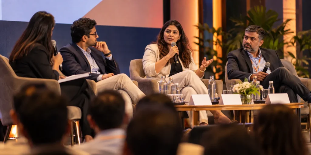 Panel discussion on a corporate stage with an audience in the foreground