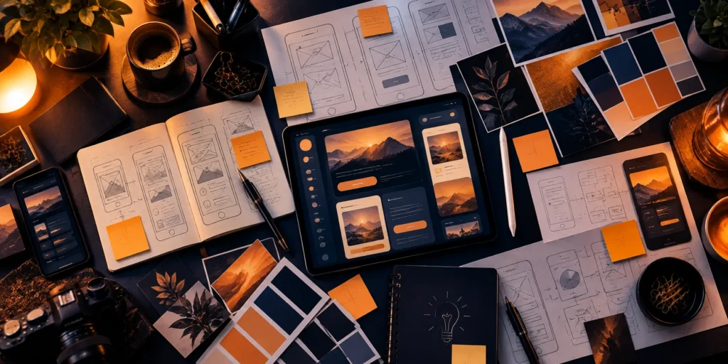 Overhead view of a UI design workspace with wireframes, sticky notes and a tablet