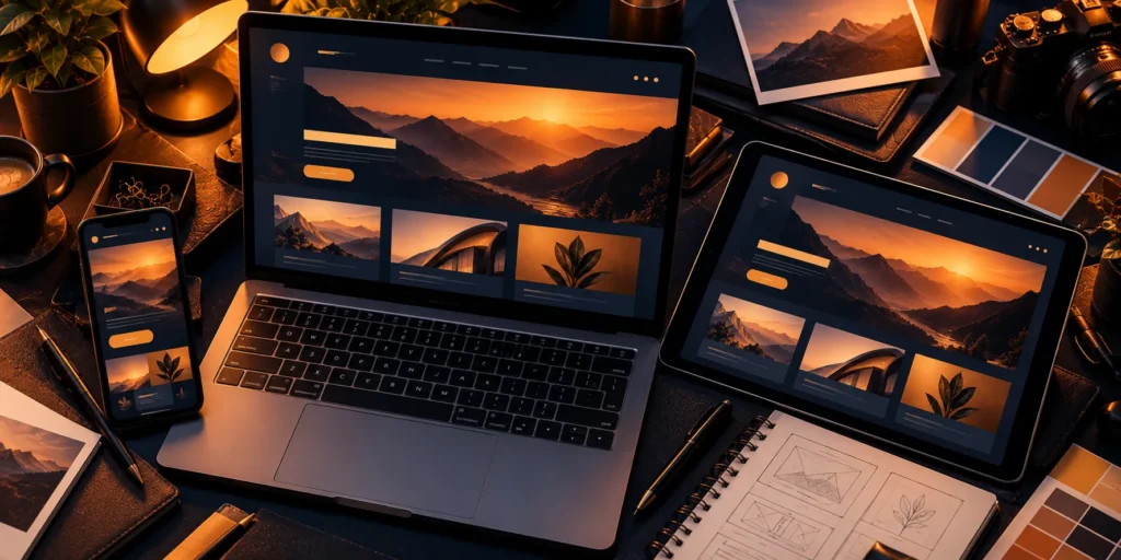 Laptop, tablet and smartphone showing the same website layout at different sizes