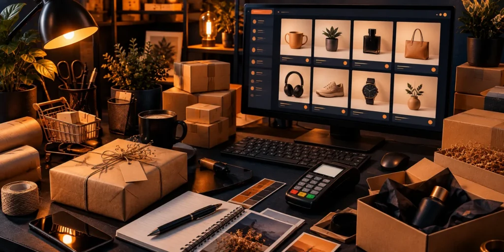 Online store product grid on a monitor surrounded by parcels and a card reader
