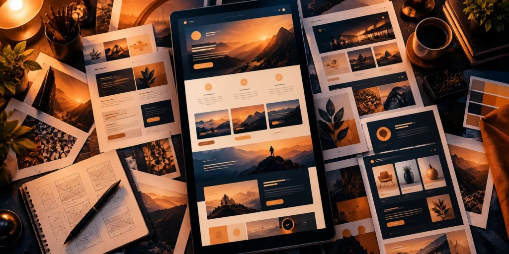 Tablet showing a long-scroll landing page surrounded by printed page mockups