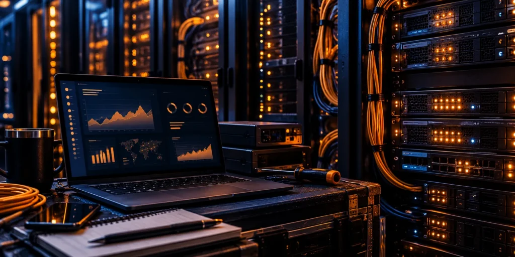 Laptop with monitoring dashboards beside illuminated server racks