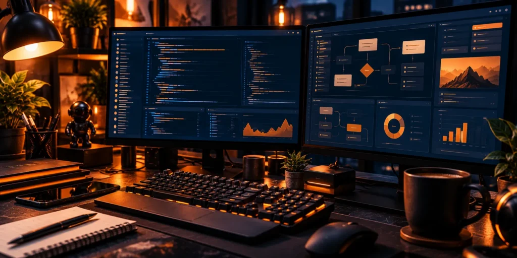 Dual monitors showing code and application flow diagrams on a developer desk