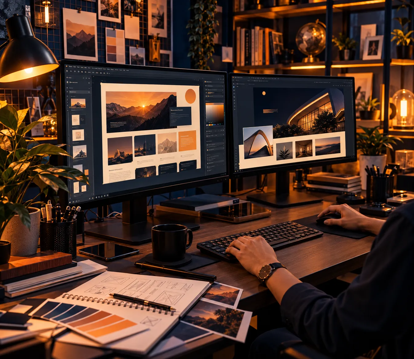 Designer working on website design layouts at a dual-monitor studio desk
